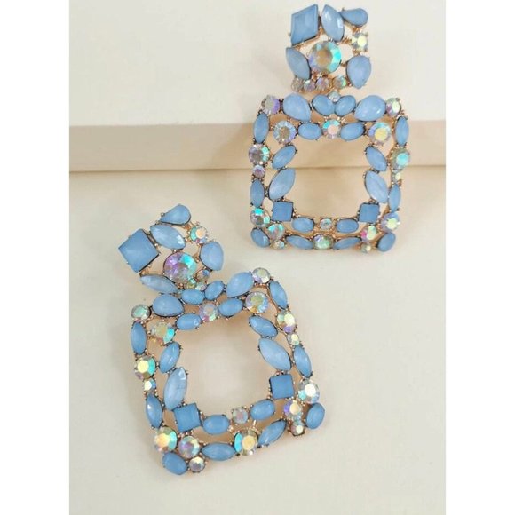 blue rhinestone earring big baby blue light blue statement long sky blue crystal - Picture 1 of 3